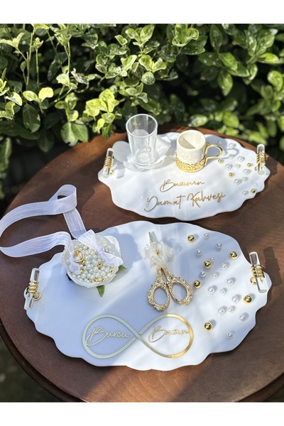 Cyz Home Oval Beyaz İnci söz nişan tepsi seti, incili damat kahve tepsisi inc...