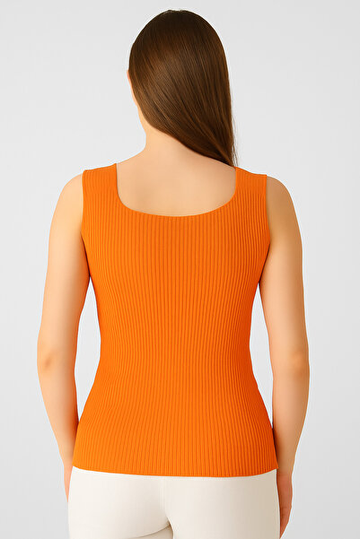 TİSTA Πορτοκαλί πλεκτό υψηλής ποιότητας αμάνικο μπλουζάκι με χοντρό λουράκι, ελαστικό, μαλακό, λεπτό τετράγωνο γιακά