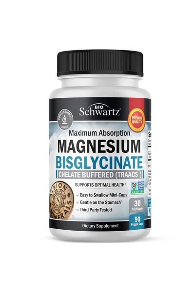 BioSchwartz بيسجليسينات المغنيسيوم ١٠٠٪ مُخلّب - غير مُليّن، امتصاص فائق للطاقة والعضلات والعظام - ٩٠ قرصًا