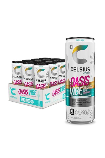 Celsius OASIS VIBE Sparkling Prickly Pear Lime, Sugar Free Energy Drink, 12 Fl Oz (Pack of 12)
