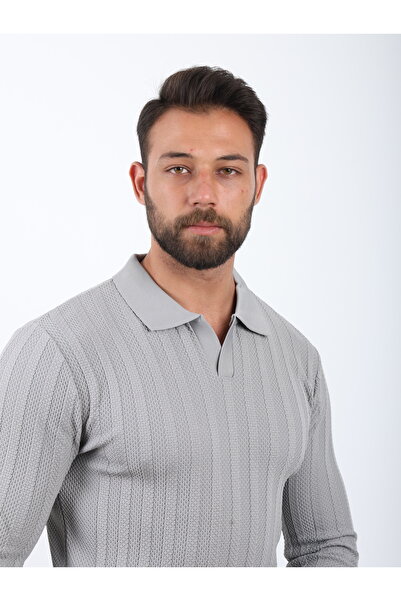 VALERO Men's Standard Fit Ribbed Textured Polo Neck Long Sleeve Gray Knit Sweater