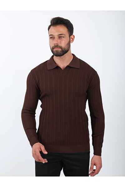 VALERO Men's Standard Fit Ribbed Textured Polo Neck Long Sleeve Brown Knit Sweater