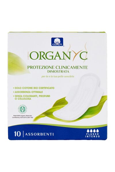 Organyc فوط ليلية نسائية قطنية - مطوية بأجنحة - عبوة من 10 قطع