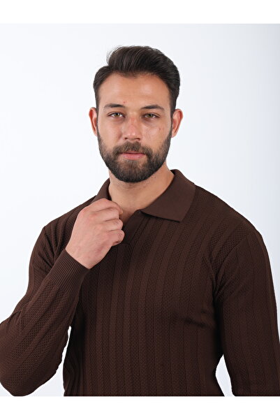 VALERO Men's Standard Fit Ribbed Textured Polo Neck Long Sleeve Brown Knit Sweater