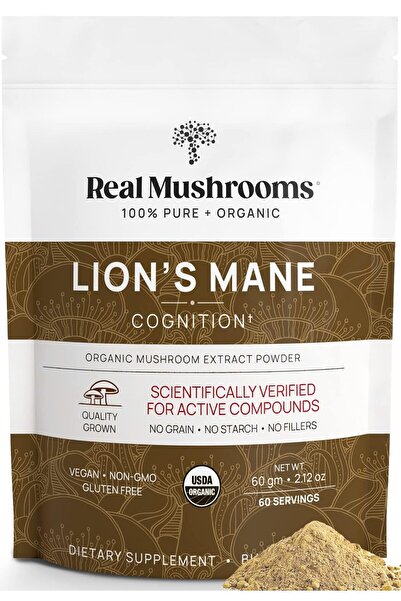 Real Mushrooms مسحوق مستخلص عرف الأسد العضوي - نباتي، غير معدل وراثيًا، 60 حصة