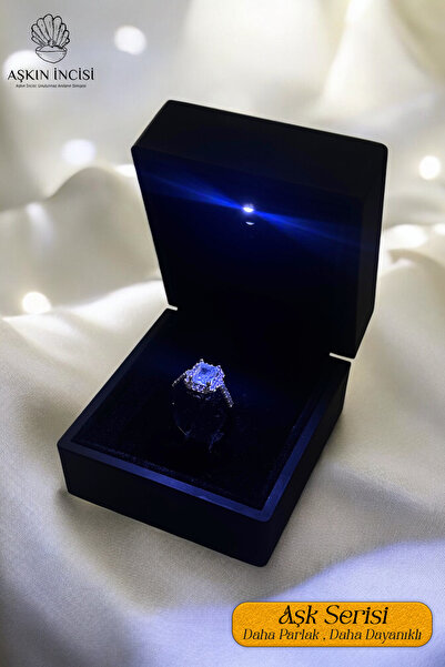 Aşkın İncisi خاتم نسائي مميز بتصميم باجيت فضي اللون قابل للتعديل مع علبة مضيئة