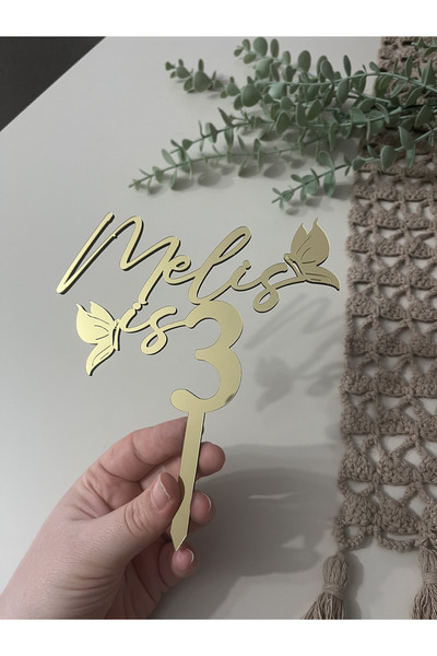 NaturessCo İsme özel Kelebek model Ayna Pleksi Pasta Süsü Pasta kürdanı