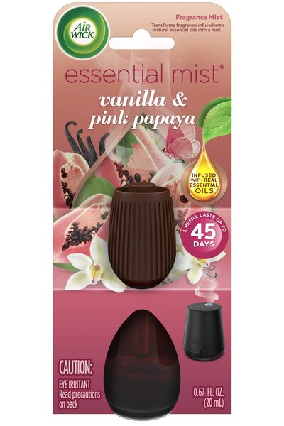 Air Wick عبوة إعادة تعبئة رذاذ عطري أساسي، عبوة واحدة، فانيليا وبابايا وردية، موزع زيوت عطرية، معطر جو