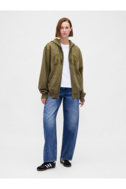 GAP Erkek Haki VintageSoft Arch Logo Tam Fermuarlı Sweatshirt