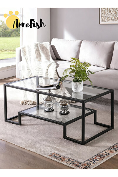 AnneFish 100*50*46cm Tempered Glass Double Layer Coffee Table Sofa Side Center Table For Living Room