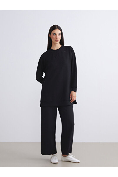 LC Waikiki Black Plus Size Elastic Waist Wide Leg Women's Trousers