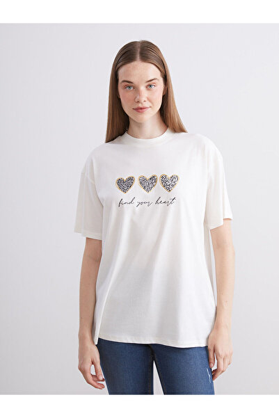 LC Waikiki Ecru Crew Neck Printed Women's T-Shirt