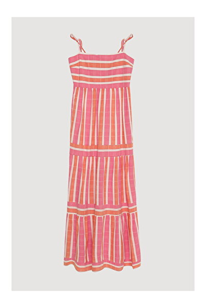 LC Waikiki Striped Midi Dress with Bead Accessories Pink