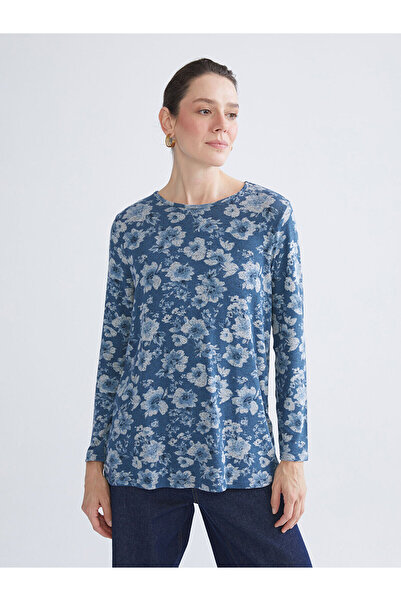 LC Waikiki LCW Grace Indigo Floral μπλούζα με λαιμόκοψη