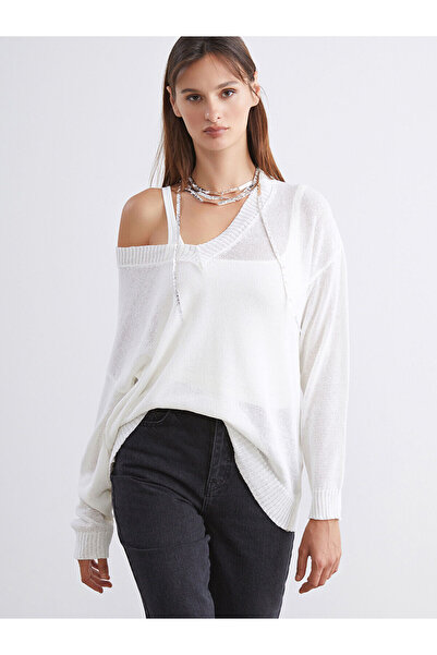 LC Waikiki Ecru V-Neck Oversize Women's Knitwear Sweater