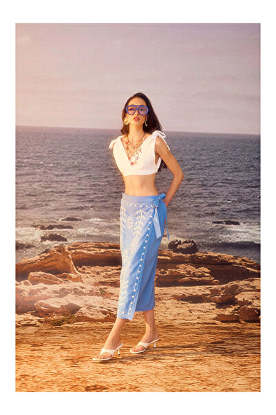 LC Waikiki Спідниця середньої довжини з вишитим тюльпаном, синя