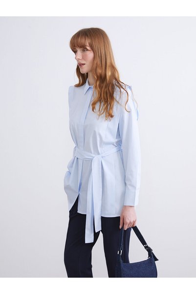LC Waikiki Alita City Lcwaikiki Classic Blue Belted Women's Shirt Tunic with ...