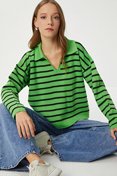 Lovelyİstanbul Pulover tricotat cu dungi cu guler polo LUS0164 VERDE VIU