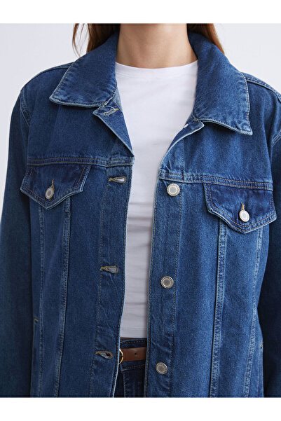 LC Waikiki Mavi Gömlek Yaka Oversize Kadın Jean Ceket
