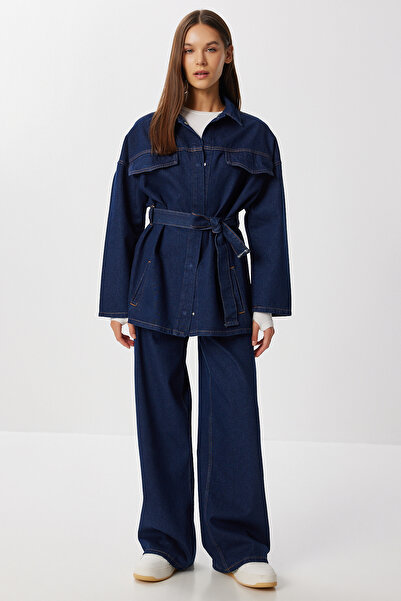 Lovelyİstanbul Belted Denim Jacket Pants Set Lan0075 Dark Blue