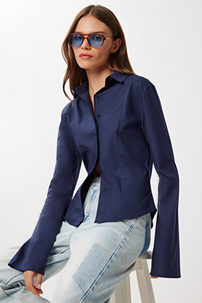 Lovelyİstanbul Bel Oturmalı İspanyol Kol Likrasız Gömlek LOY0001 LACİVERT