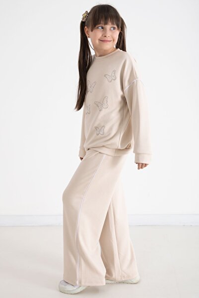 Cansın Mini Beige Sequined Butterfly Embroidered Wide Leg Girls' Tracksuit Set 22736