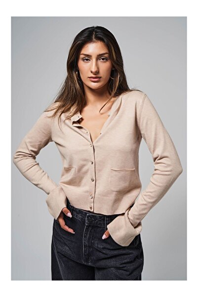LC Waikiki Γυναικεία Μπεζ Χρώμα w5-57 Πλεκτή Ζακέτα με μανίκια με κουμπιά μπροστά με τσέπες από βισκόζη