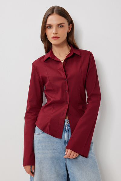 Lovelyİstanbul Bel Oturmalı İspanyol Kol Likrasız Gömlek LOY0001 BORDO