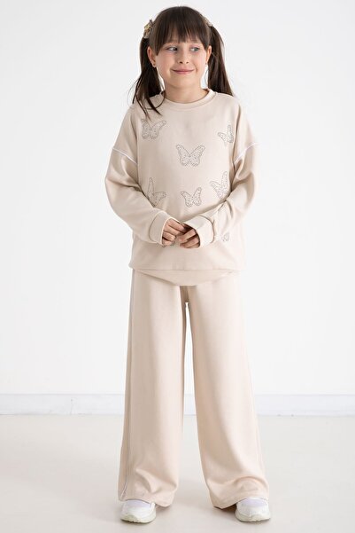 Cansın Mini Σετ αθλητική φόρμα για κορίτσια με φαρδύ πόδι με παγιέτες και κέντημα πεταλούδας 22736