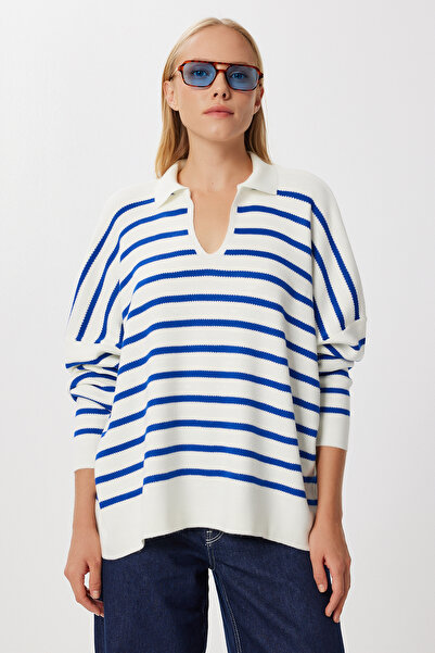 Lovelyİstanbul Pulover tricotat cu dungi cu guler polo LUS0164 BLUE BONE