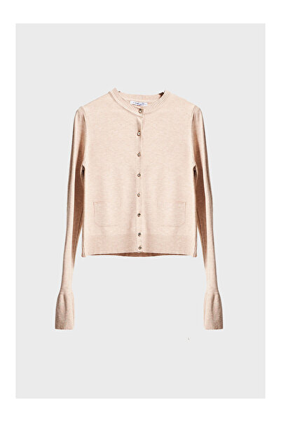 LC Waikiki Γυναικεία Μπεζ Χρώμα w5-57 Πλεκτή Ζακέτα με μανίκια με κουμπιά μπροστά με τσέπες από βισκόζη