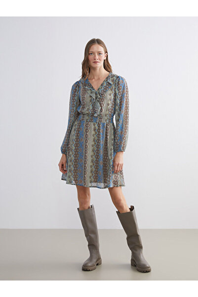 LC Waikiki Vision New Season V-Neck Floral Chiffon Waist-Tied Mini Dress