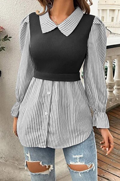 Mossta Οθωμανική μπλούζα με γιακά και κουμπιά μπροστά - Μαύρη