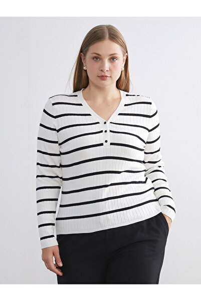 LC Waikiki Peak Yeni Sezon V Yaka Çizgili Kadın Triko Kazak
