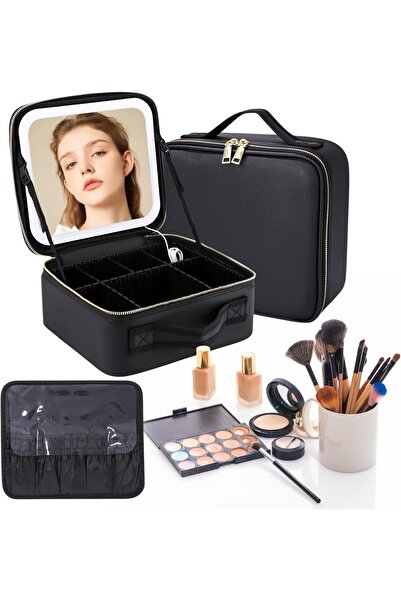 NEXSO حقيبة مكياج للسفر مع مرآة مضاءة بإضاءة LED - منظم مستحضرات تجميل محمول مع أقسام تخزين، لون أسود