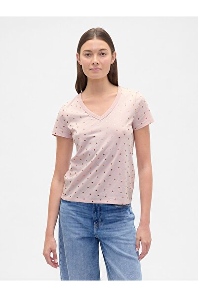 GAP Kadın Açık Pembe V Yaka Grafik T-Shirt