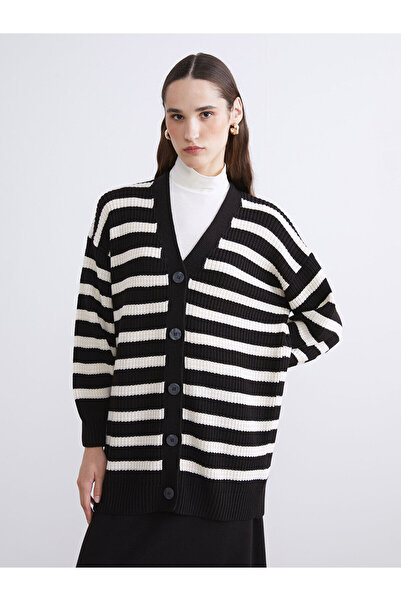 LC Waikiki LCW ModestCardigan tricotat pentru femei, cu decolteu în V, cu dungi