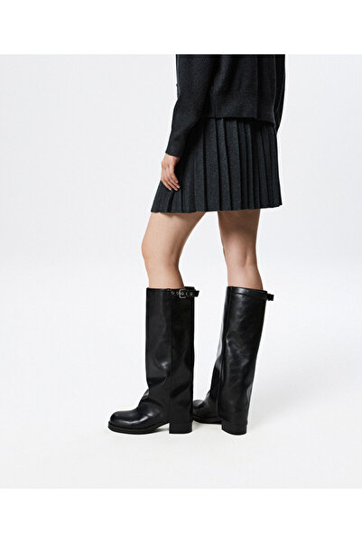 Twist Metal Buckle Leather Look Boots
