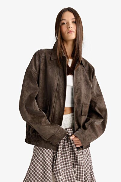 DeFacto Afra X Dad Fit Polo Collar Zippered Suede Jacket F9502Ax25Au