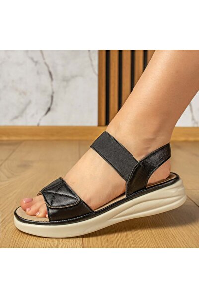 Modlet.ro Sandale negre pentru femei cu baretă elastică și închidere cu velcr...