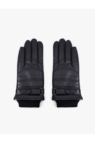 Koton Faux Leather Gloves with Snap Button Detail