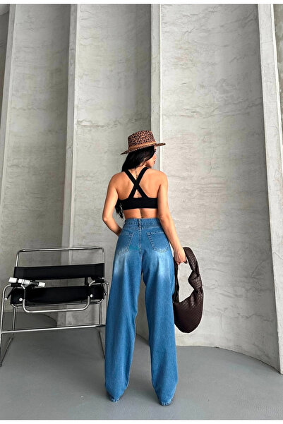 karadağsb Φαρδύ μπλε τζιν παντελόνι με μαρκίζες d2007