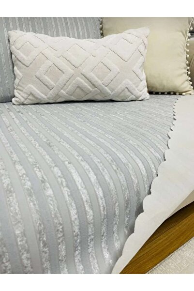 Genel Markalar Çizgili Süngerli Kadife Kaymaz Koltuk Örtüsü Gri