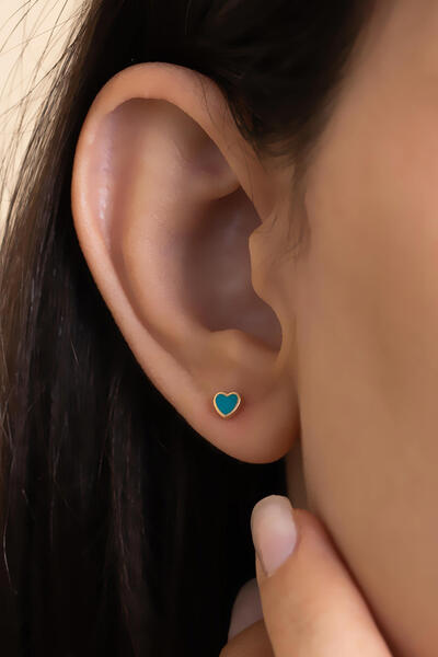 AMES GOLD KUYUMCULUK 14 Ayar Altın Mavi Mineli Minik Kalp Küpe