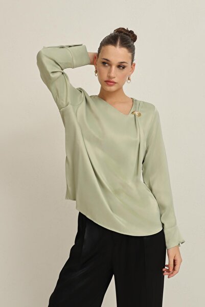 Setre Блузка з довгими рукавами, зручного крою, з аксесуарами на комірі, кольору зеленого Нілу