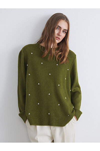 LC Waikiki Yeşil Bisiklet Yaka Boncuk Işlemeli Kadın Triko Kazak