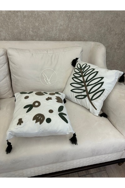 SİMEREV HALI HOME CONSEPT Punch Embroidered Cream Fabric Tasseled 2-Piece Throw Pillow Cover Modern Bohemian Pattern Case