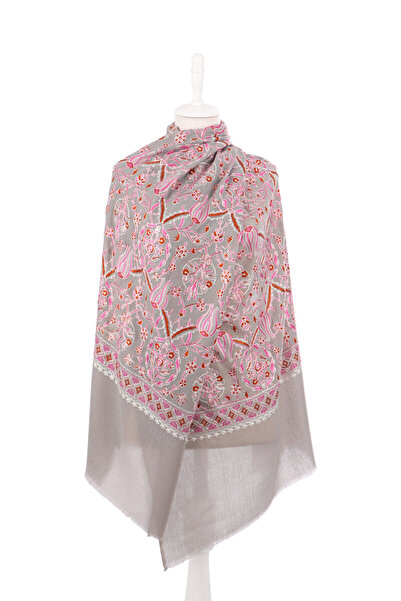 Bursa İpek Gray Pink Tulip Pattern Embroidered Wool Shawl
