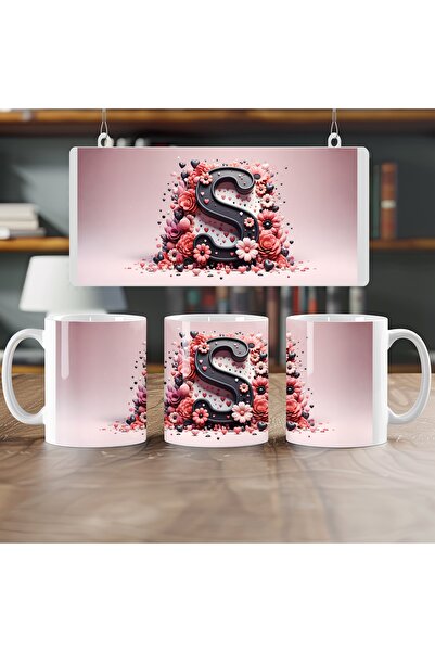 Beramussa كوب بحرف أولي S، كوب مطلي بالكامل بألوان وردية مع قلب، هدية للأصدقا...