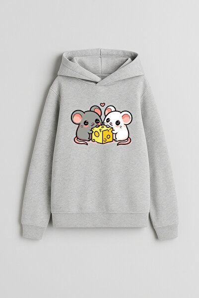 MODA Симпатична сива суитшърт с качулка и принт на мишки за момчета и момичета